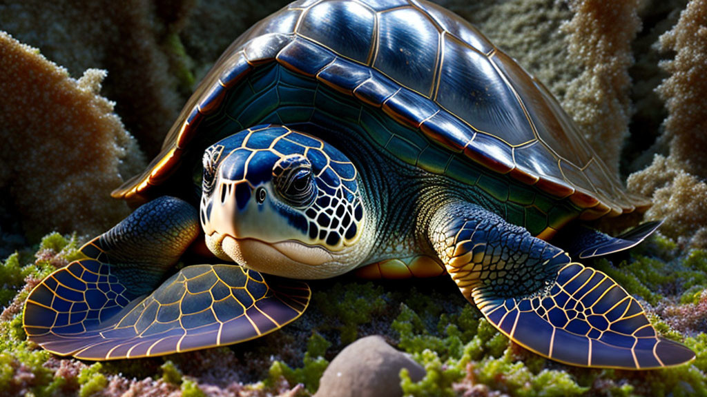 Green sea turtle with shiny shell and patterned flippers among coral