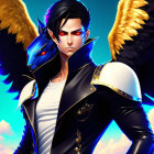 Fantasy character with dark hair, red eyes, golden horns, and large wings in black and gold