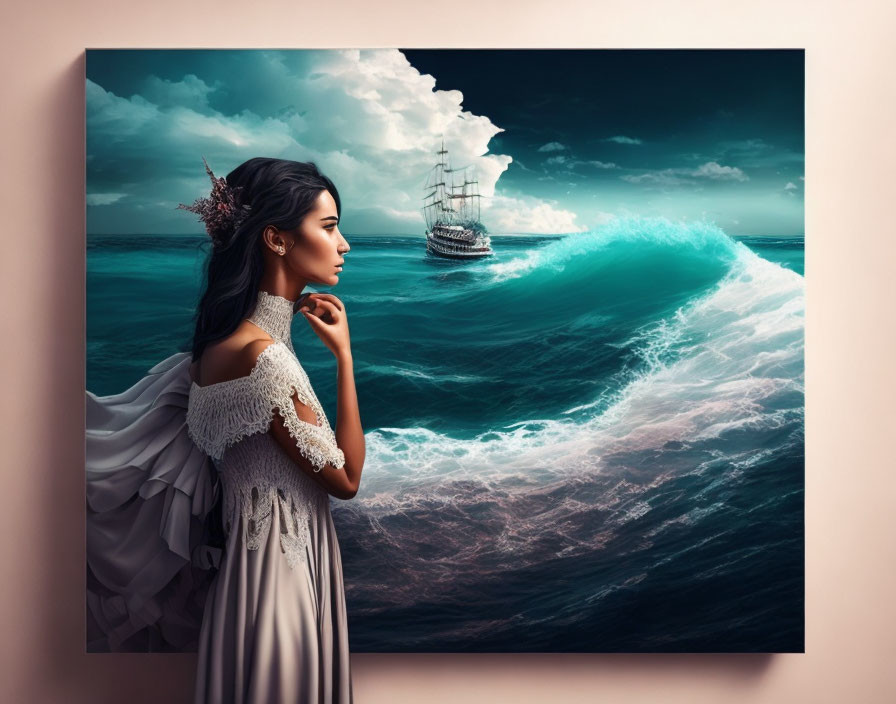 Woman in white dress gazes at tall ship on surreal wave under moody sky