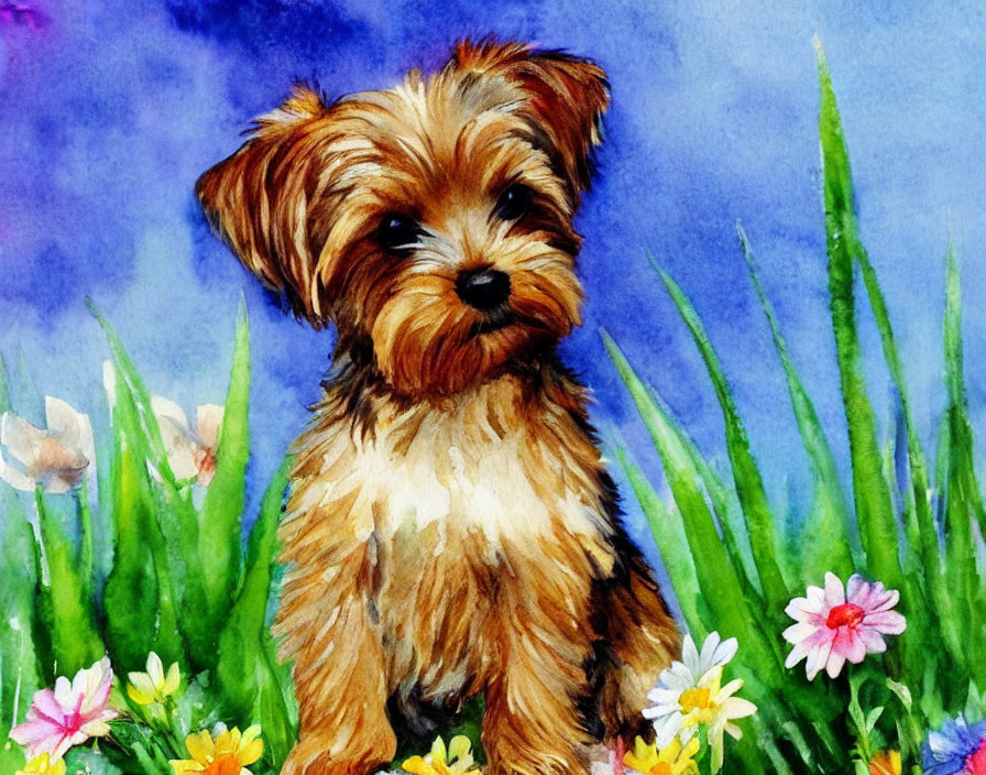 Watercolor Painting of Small Dog Among Colorful Flowers