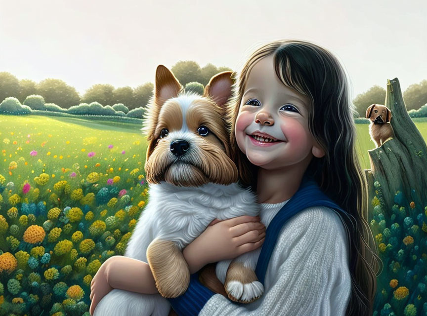 Young girl with two dogs in colorful meadow scene