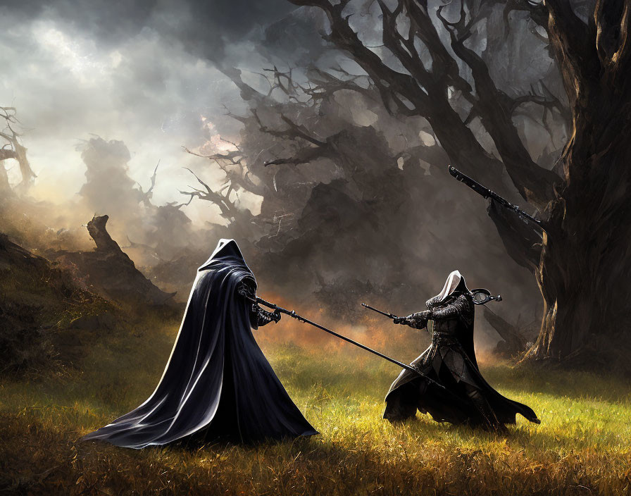 Cloaked figures duel with swords in shadowy, barren landscape