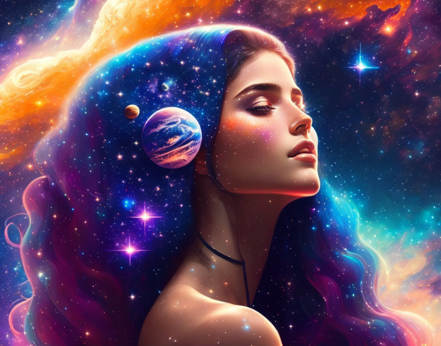 Digital artwork: Woman with cosmic theme, stars, planets, nebulae in hair