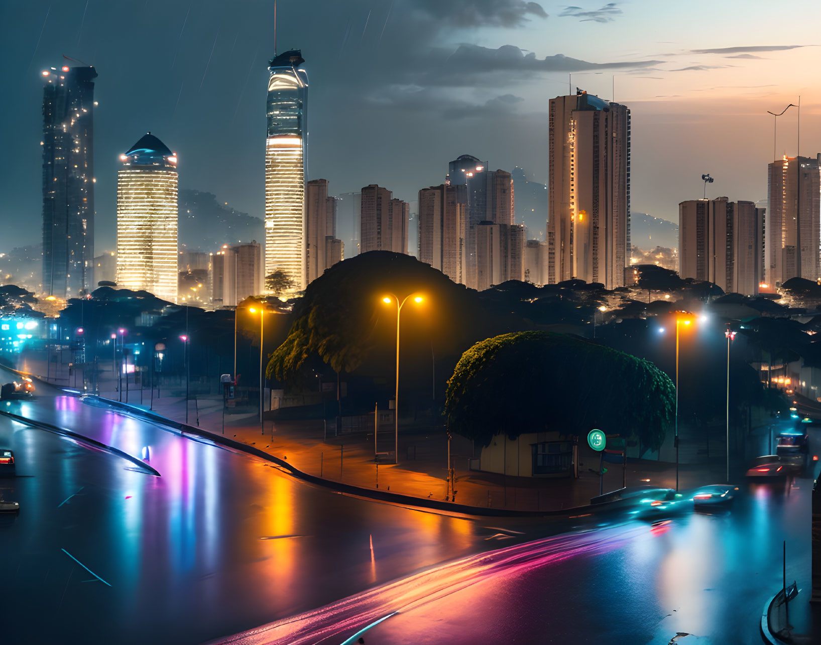 Night Cityscape: Illuminated Skyscrapers, Car Light Streaks, Blue-Purple