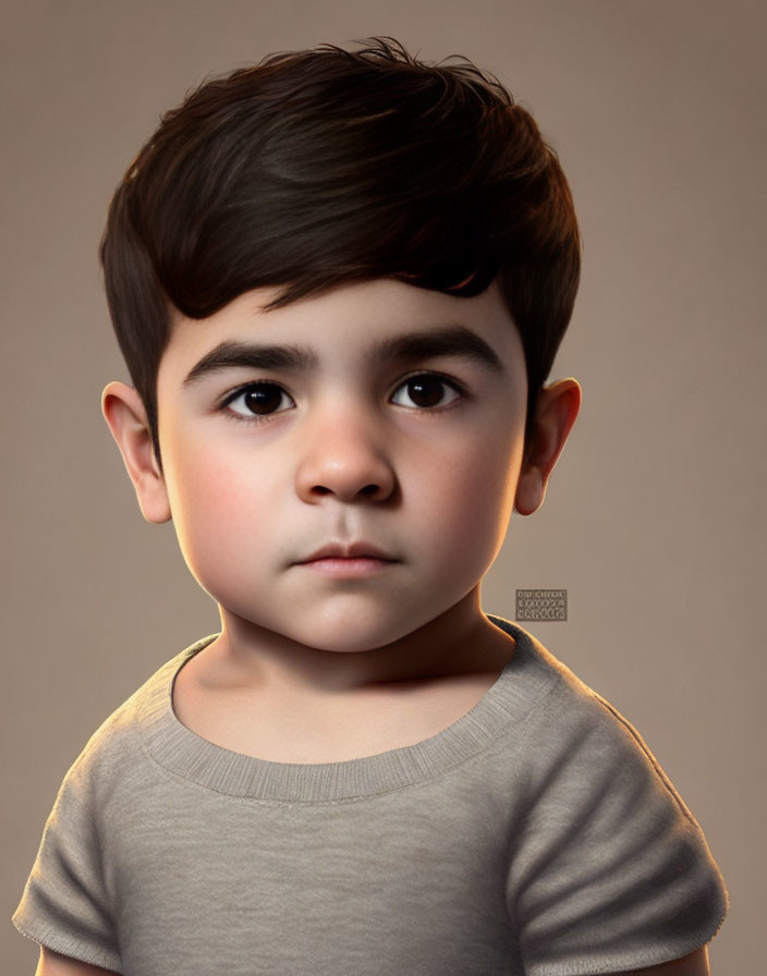 Young Child with Expressive Brown Eyes and Dark Hair in Digital Portrait