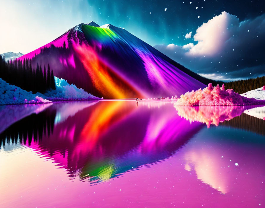 Mountain landscape with pink foliage, reflective lake, vibrant sky colors, and starry night.