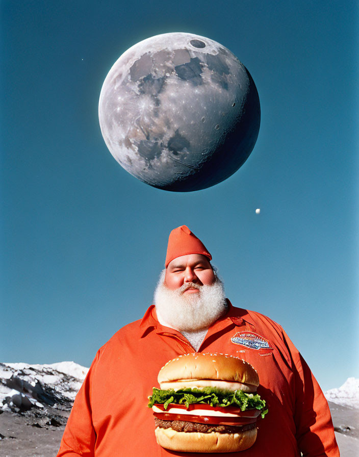 Santa Claus holding a giant hamburger under oversized moon