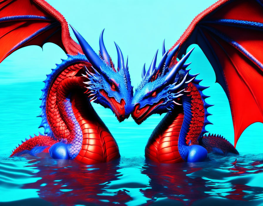 Red and Blue Dragons Facing Each Other on Reflective Turquoise Surface