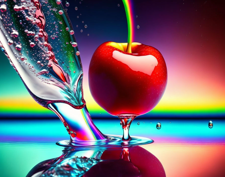 Colorful red apple with liquid splash on rainbow background and reflective surface