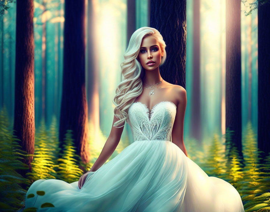 Blonde woman in white gown in mystical forest with sunbeams