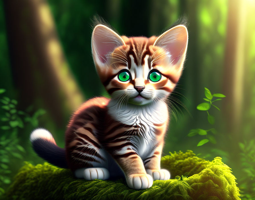 Green-eyed animated kitten on moss in sunlit forest.