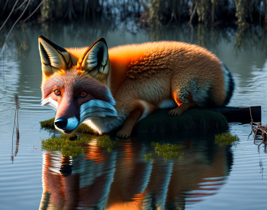 Colorful Fox Resting on Green Patch Near Calm Waters at Twilight