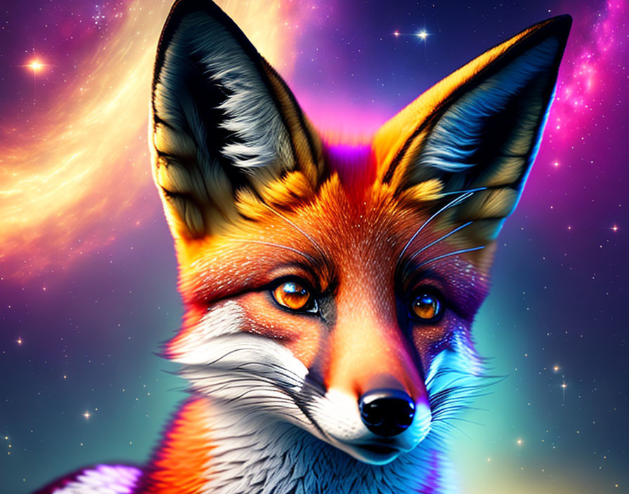 Realistic fox head illustration on cosmic background