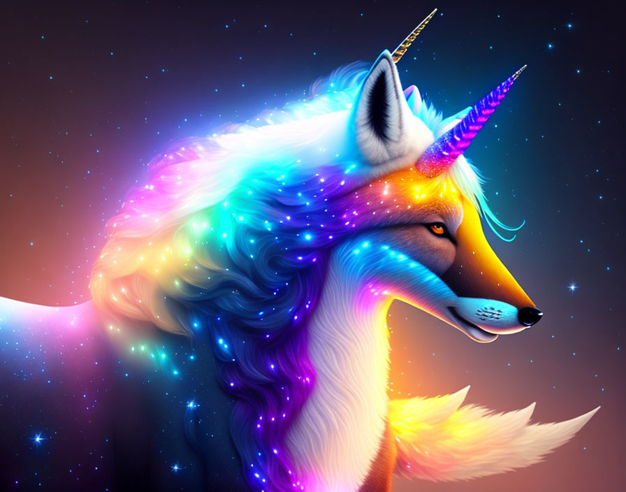 Colorful Fox with Unicorn Horn on Starry Background