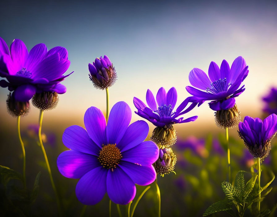 Vibrant purple flowers against golden sunrise and blue sky