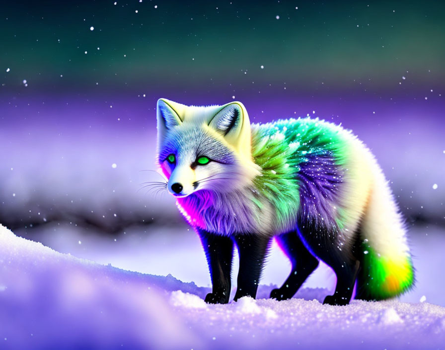 Colorful Fox Standing on Snow Under Starry Sky in Blue, Green, and Purple