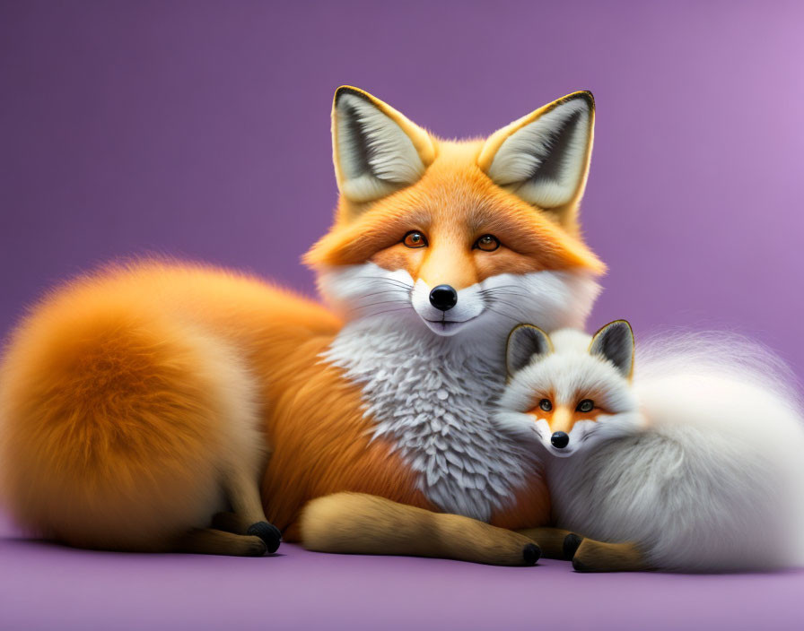 Colorful Adult and Baby Fox Illustration on Purple Background