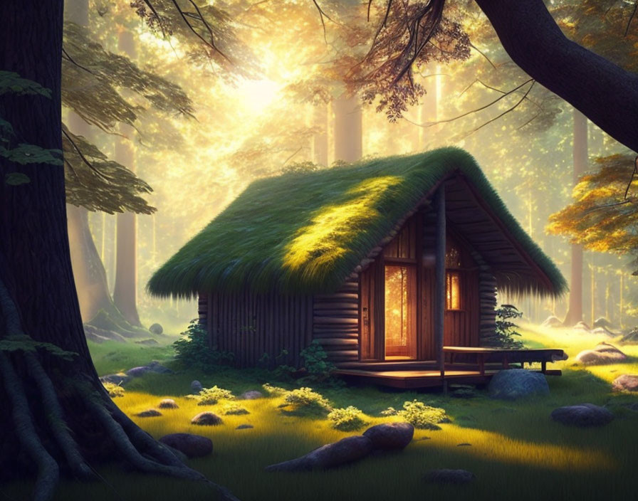 Thatched wooden cabin in serene forest at sunrise