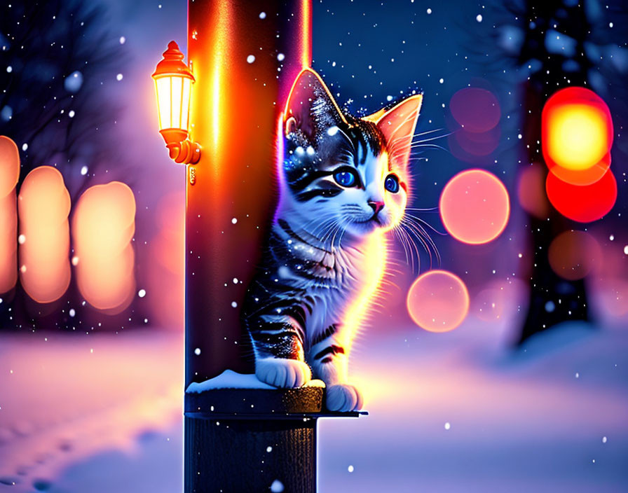 Adorable kitten on snowy post with glowing lamp and bokeh lights