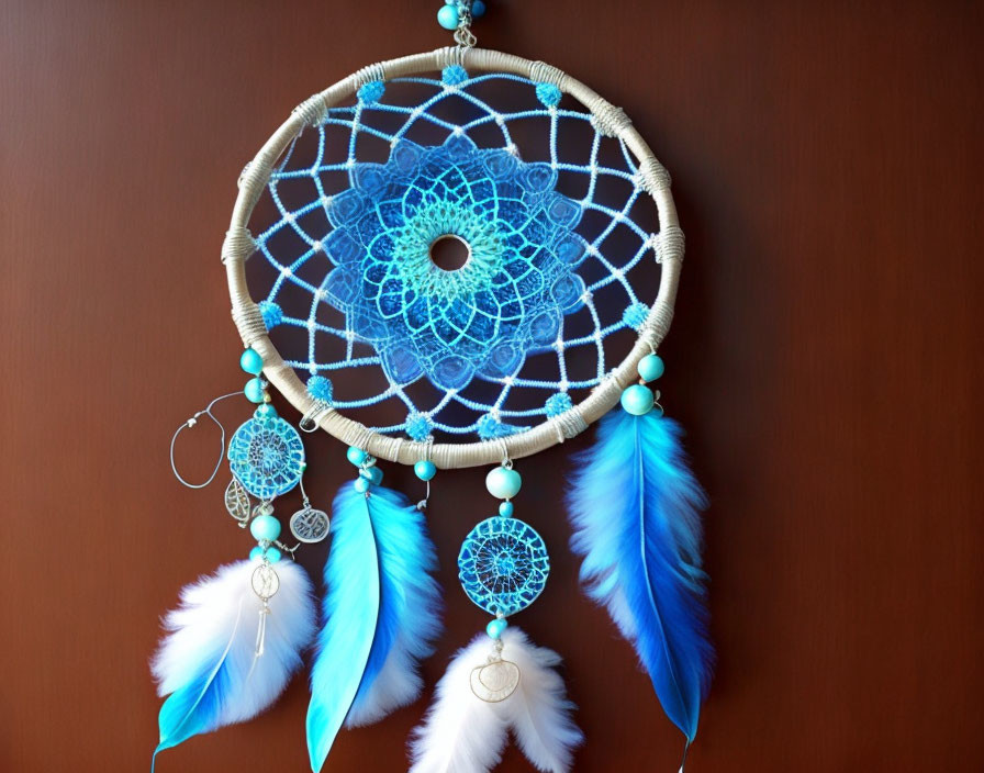 Blue and White Dreamcatcher with Feathers and Beads on Brown Background