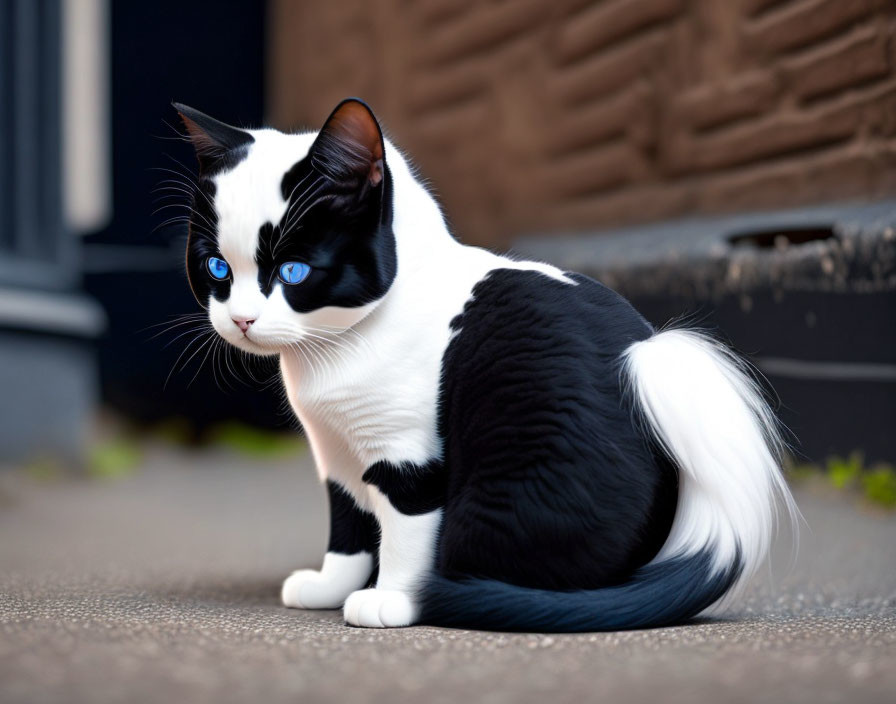 Black and white cat with blue eyes on concrete near brown wall