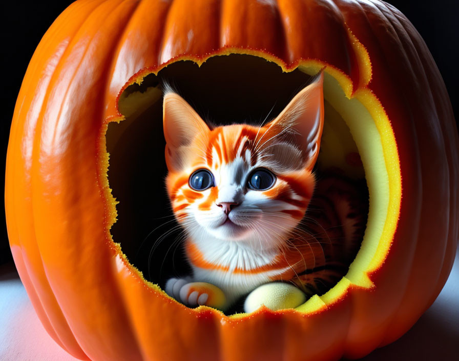 Orange and white kitten in carved pumpkin.