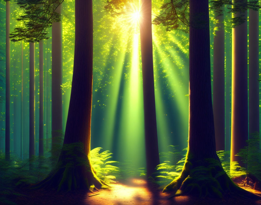 Forest scene: Sunlight on ferns, shadows in dense woods