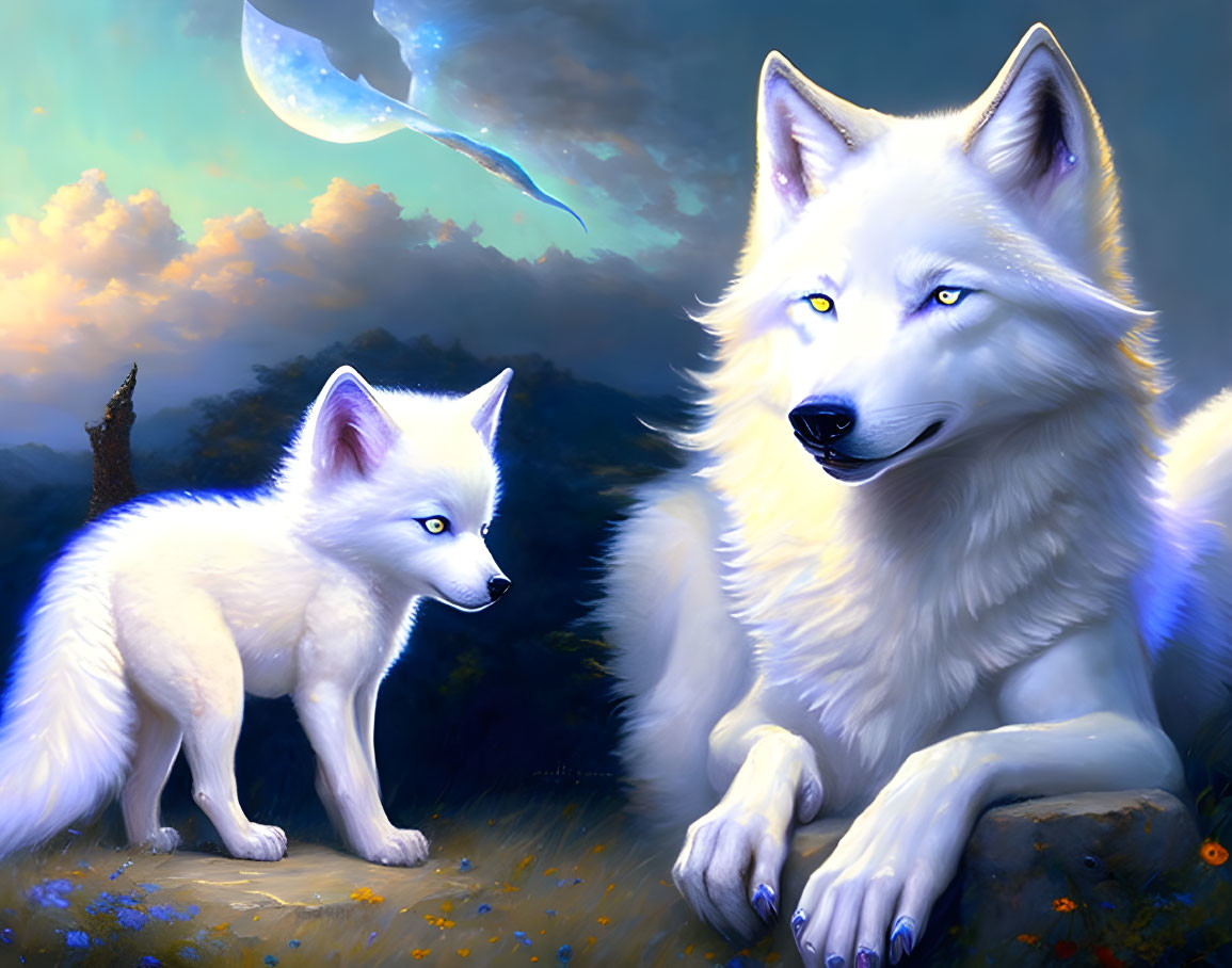 Majestic white wolf and pup in mystical scene with glowing leaf