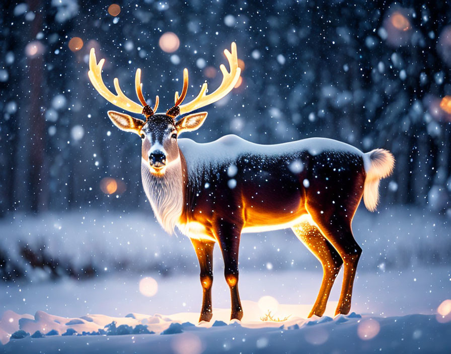 Majestic deer with glowing antlers in snowy forest