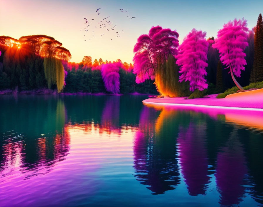 Tranquil lake landscape with pink and purple hues