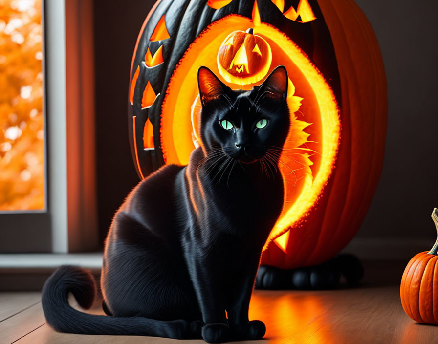 Black Cat with Carved Pumpkin and Lights: Halloween Scene