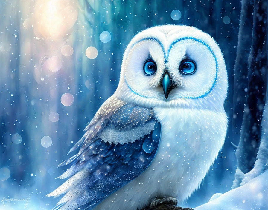 Snowy owl with blue eyes in snowflake backdrop