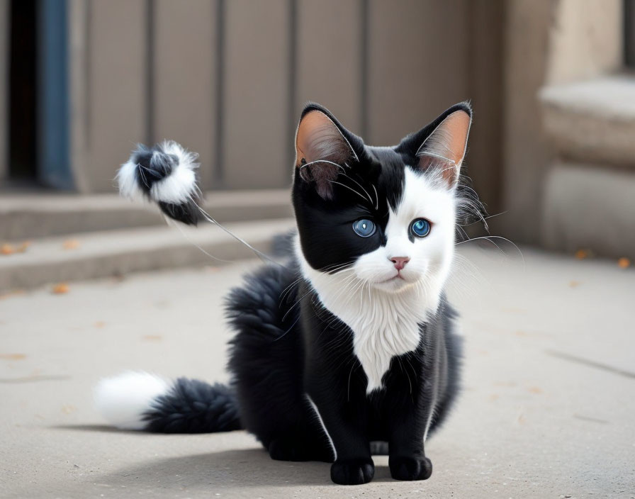 Black and White Cat with Blue Eyes and Unique Facial Markings on Concrete Surface