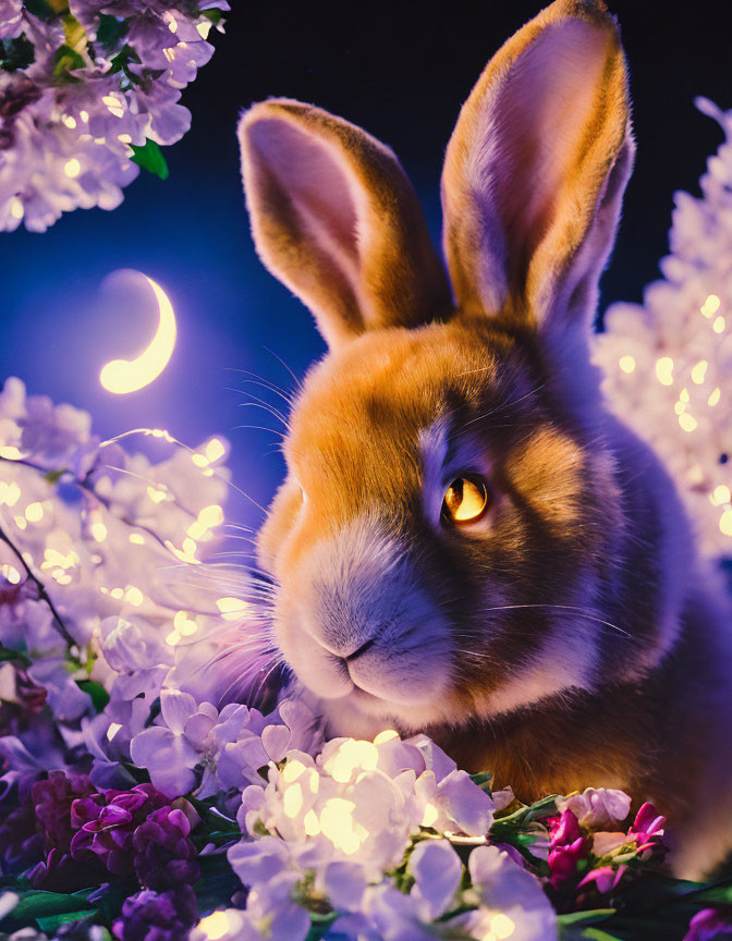 Rabbit surrounded by flowers under crescent moon night sky