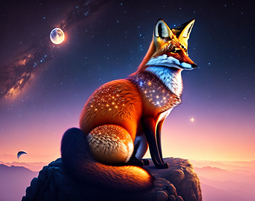 Fox with starry coat on rock under night sky with moon and mountains