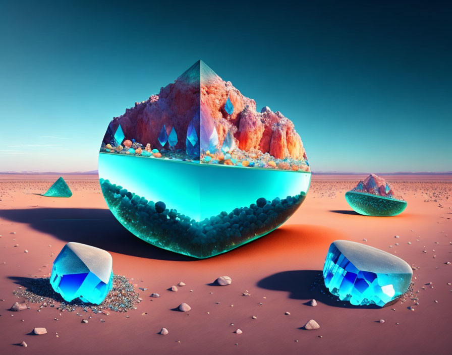 Surreal landscape with cut-open geode, crystals, ship-like formation, desert pyramids