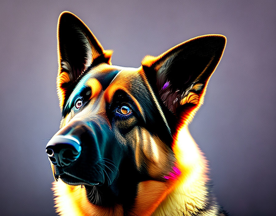 Vibrant, multi-colored lighting on German Shepherd portrait