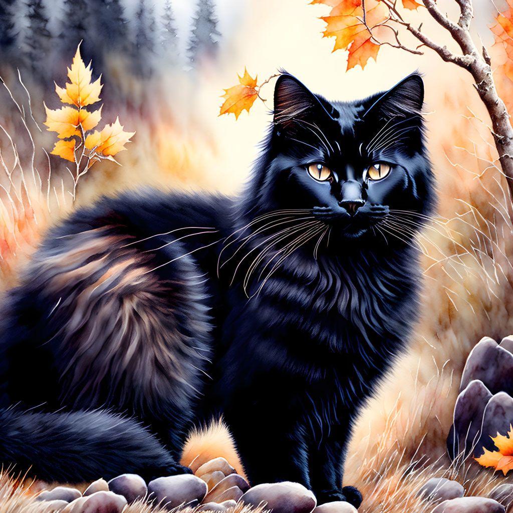 Majestic black cat with yellow eyes in autumn setting