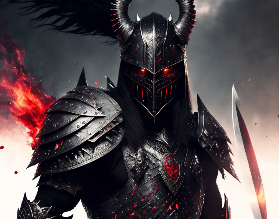 Sinister black figure in horned armor with glowing red eyes amidst dark feathers and embers