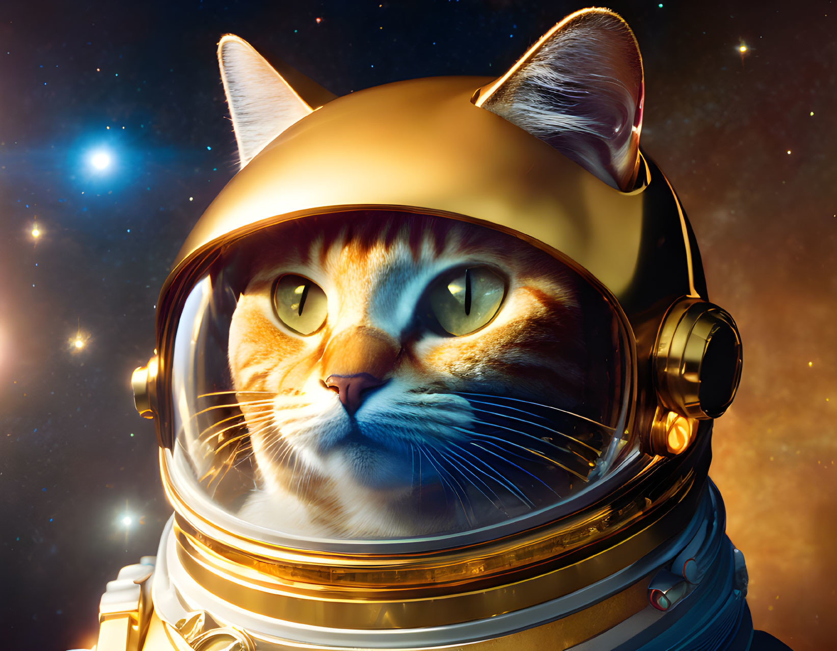 Colorful Cat in Astronaut Helmet on Cosmic Background