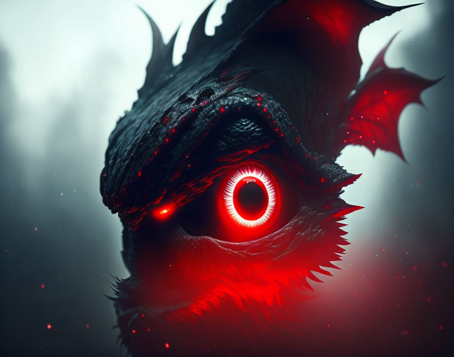 Detailed close-up of dragon's face with glowing red eye and dark scales