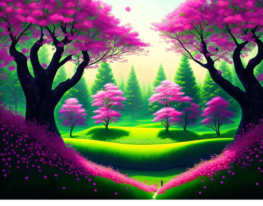 Whimsical forest digital artwork with pink cherry blossom trees