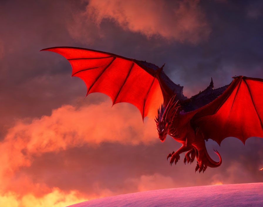 Majestic red dragon with outstretched wings against dramatic sunset sky