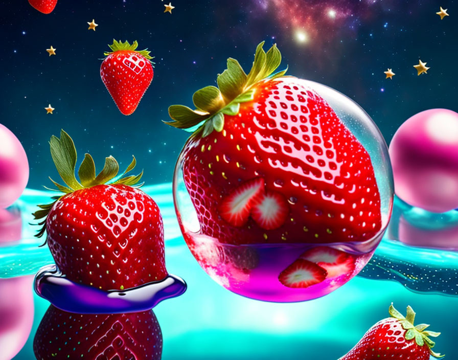 Colorful strawberries in shiny bubble on cosmic background