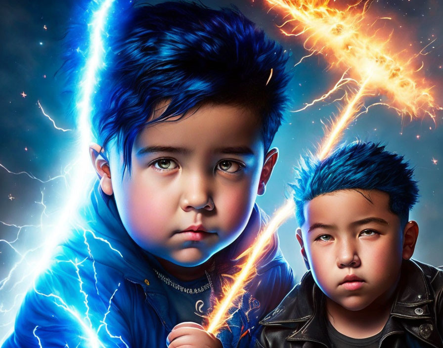 Two boys with stylized blue and fiery hair in serious fantasy art style