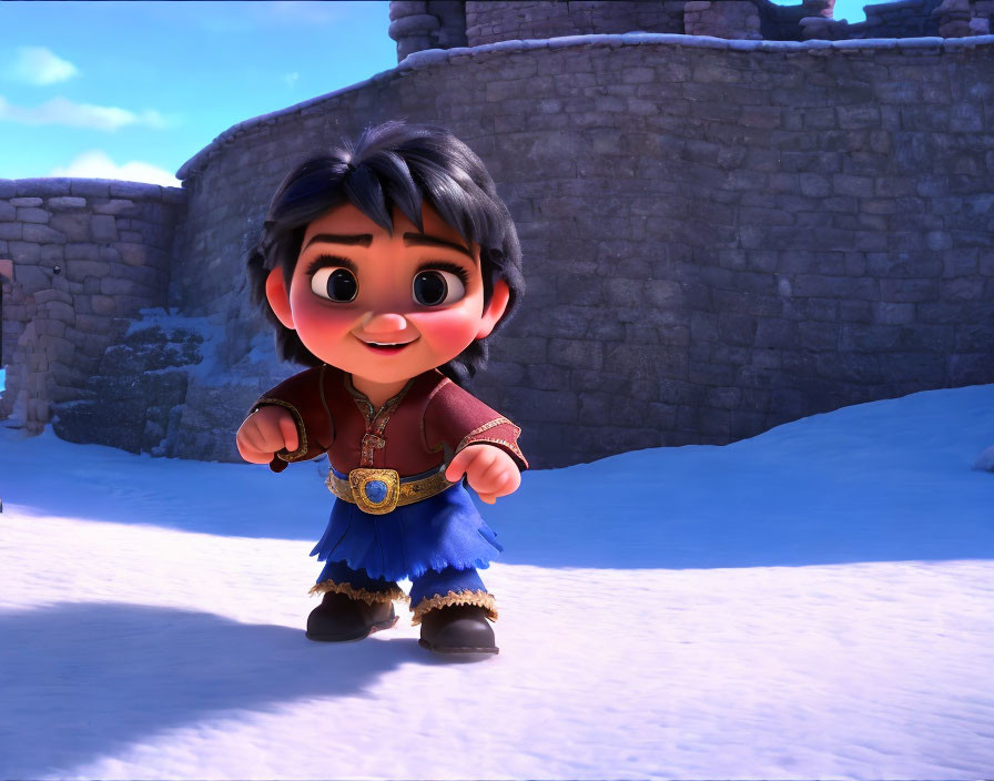 Dark-Haired 3D Animated Character in Red and Blue Outfit with Snowy Castle Background