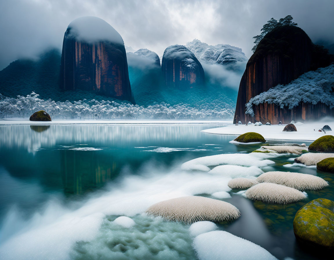 Snowy trees and misty mountains reflected in a tranquil winter lake