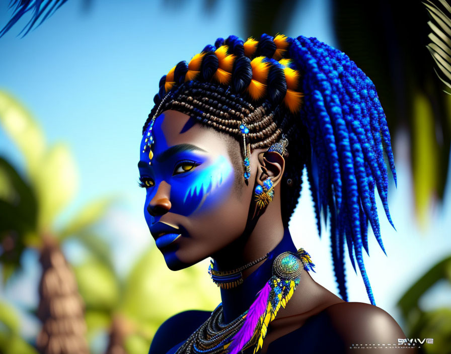 Vibrant digital artwork featuring woman with blue skin and braided hair