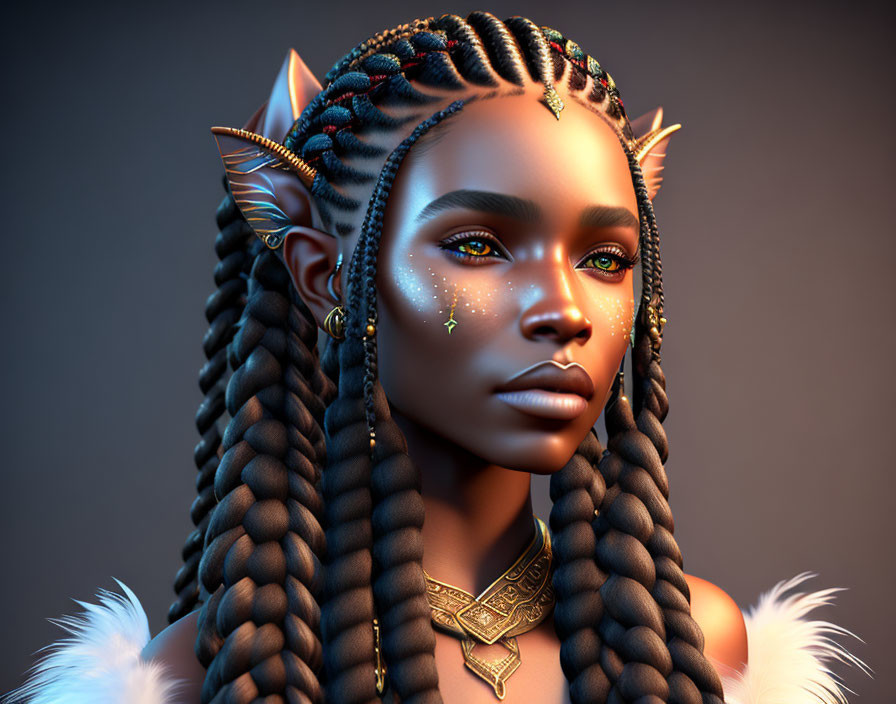 Detailed 3D fantasy character with dark skin, braids, pointed ears, golden jewelry, and