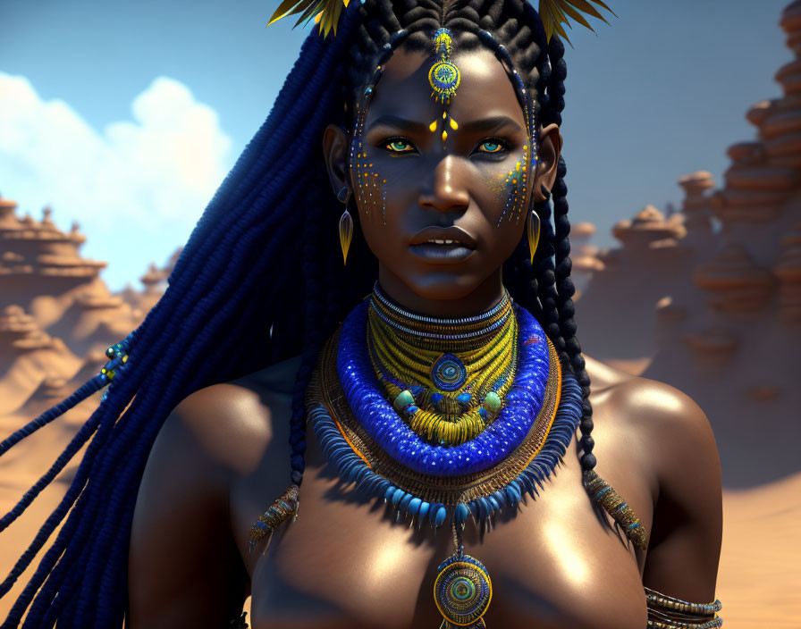 Digital Illustration: Woman with Blue Braided Hair and Gold Jewelry in Desert